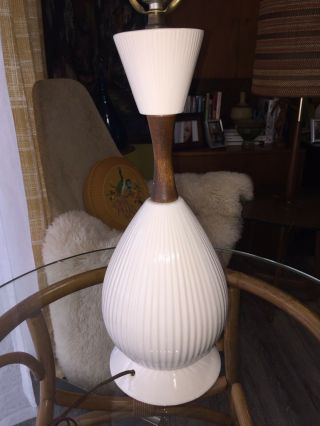 Vintage Mid Century Danish White Ceramic & Teak Onion Base Lamp Danish Eames Era