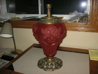 Antique Victorian Era Ruby Satin Glass Kerosene Lamp Base Parts Iris Pattern
