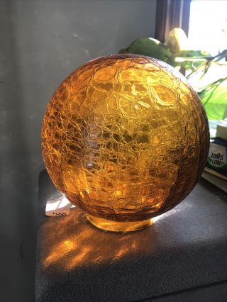 Vintage Crackle Glass Ball Lamp Shade 8” Amber 3 1/2” Fitter Retro 70’s Nos