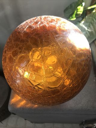 Vintage CRACKLE Glass BALL Lamp Shade 8” Amber 3 1/2” Fitter Retro 70’s NOS 2