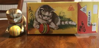 Kohler West Germany Wind Up Litho Tin Toy Rolling Kitty Cat W Ball W/ Box No Key