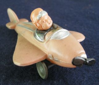 Vintage Celluloid Toy Open Airplane,  3 - 1/2 " Long,  Tin Wheels,  With Pilot