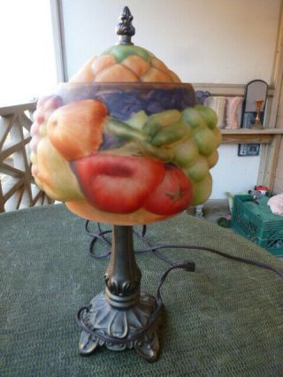 Pairpoint - Style Reverse Painted Puffy Elec.  Table Lamp W/fruit Decor Mid - Century