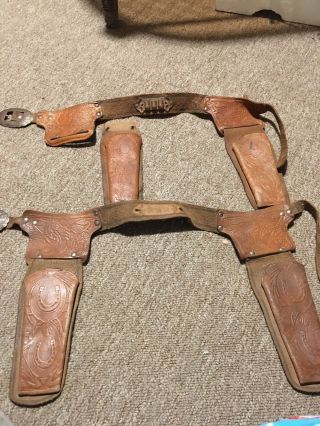 Vintage Kids Holster Double Cap Gun Western Cowboy Old West Belt Strap Leather
