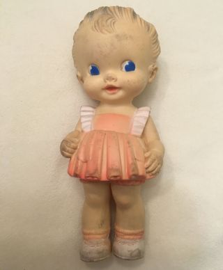 Sun Rubber Ruth E.  Newton Squeaky Toy Doll Silver Hair Pink Dress 8”