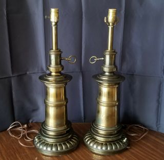 Vintage Pair Stiffel Brass Table Lamps 3 - Way Mid Century 16 Lbs Each No Shades