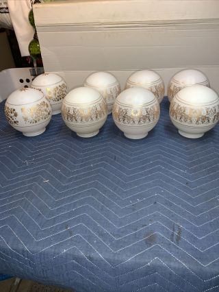 Set Of 8 Vintage White Milk Glass Round 6” Globe Shades W/ Gold Designs