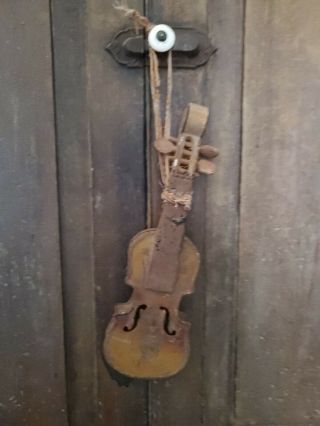 Aafa Old Early Antique Primitive Tin Violin Childs Doll Toy Wall Hanger