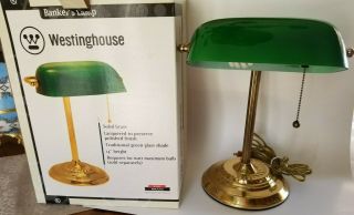Classic Bankers Office Desk Lamp Solid Brass Green Glass Shade 14 " Exc W/box