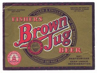 1/2 Gal.  Brown Jug Beer Label,  Irtp,  Fisher,  Salt Lake City,  Utah.  1930s - 40s