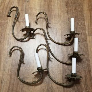 Vintage Lamp Parts 5 Heavy Brass Chandelier Arms With Cups