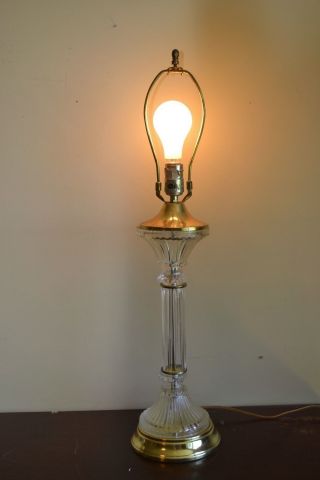 Vintage Tall Crystal Cut Glass Column Table Lamp W/ Gold Chrome