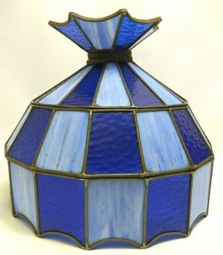 Blue Slag Glass Hanging Lamp Shade Only Stained 16x18 " Vintage Leaded
