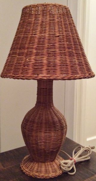 Small Vintage Rattan Wicker Table Lamp And Shade