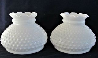2 Vintage White Hobnail Milk Glass Student Oil Lamp Shades Ruffle Tops 7 " Fitter