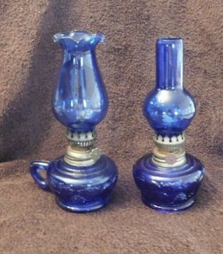 Vintage Set Of 2 Cobalt Blue Glass Miniature Oil Lamps Embossed Fruit Hong Kong