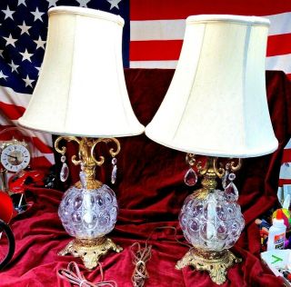 ⭐vintage Clear Glass Hurricane 3 - Way Table Lamp Hanging Crystals⭐