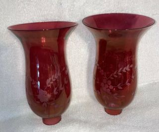 Pair Vintage Cranberry Etched Glass 9” Hurricane Lamp Shades Oil Chimney