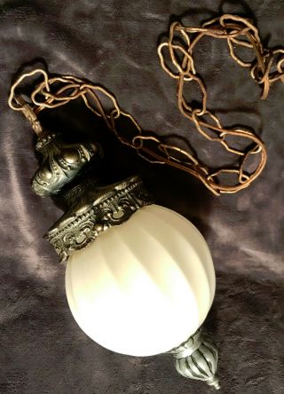 Vintage Hanging Ceiling Globe Light Fixture Attached Chain Metal Glass W/finial