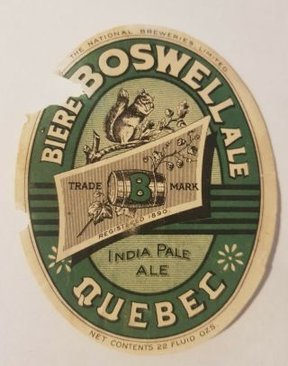 Old Beer Label From Canada/biere Boswell Ale,  Quebec Canada
