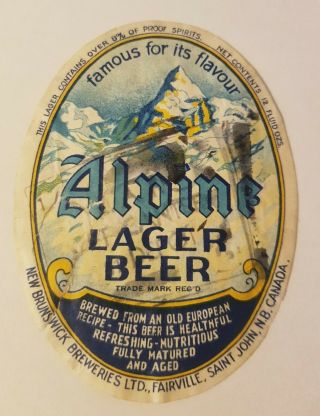 Old Beer Label From Canada/alpine Lager Beer,  Brunswick Breweries Ltd.