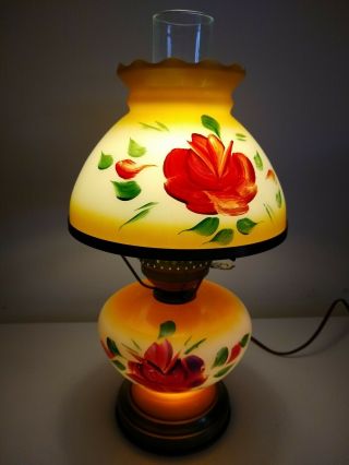 Vintage Mid Century Victorian Yellow Floral Gwtw Hurricane Parlor Lamp 3 Way