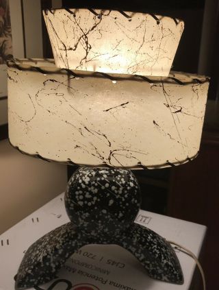 Vtg Mid Century Black Glazed Ceramic Lamp Retro 2 - Tier Shade White Polka Dots