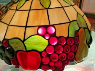 Vintage Tiffany Style Hanging Lamp,  Fruit & Leaves,  Stained Glass,  16” Diameter