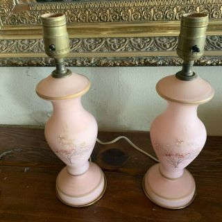 Gorgeous Vintage Pink Satin Glass Boudoir Bedside Table Lamps Work