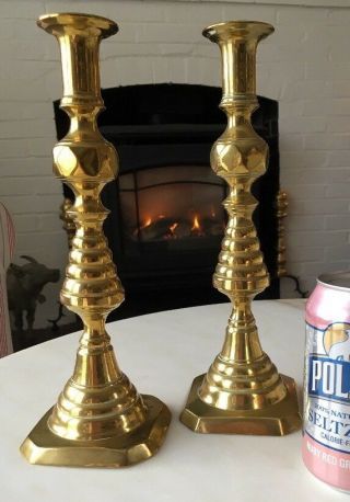 Vintage Pair Brass 10 3/4” Diamond & Beehive Push Up Candlesticks Holders