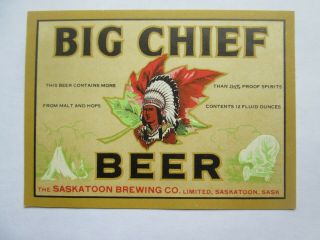 J Canada Saskatoon Brewing Co Big Chief Beer Label 2 Lines 1943 - 46 Gold Border