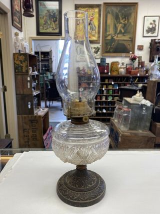 Eapg Diamond Fan Oil Kerosene Lamp Ornate Cast Iron Base Floral Queen Anne Burn