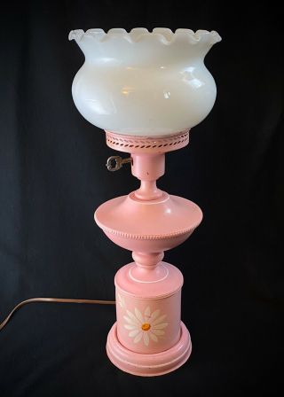 Vintage Toleware Table Lamp/milk Glass Shade/nightlight/pink/handpainted Flower