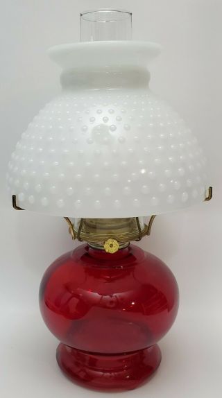 Vintage Ruby Red Glass Oil Lamp Hobnail Milk Glass Hurricane Shade 14.  5” P&a Usa