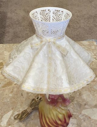 Vintage Porcelain Victorian Lady Boudoir Vanity Lamps Pink Yellow Lace Shade 16” 3