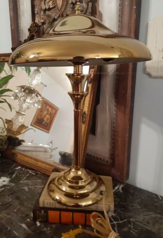 Vintage Brass Two Socket Lamp With Brass Shade Mid Century Modern Banker 