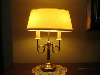 Vintage Brass 2 Arm French Horn Table Lamp With Shade Bouillotte