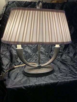 Vintage Brass Tone Modern Bouillotte Desk,  Table Lamp 2 Candle 2 Bulb W/ Shade