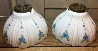 Set Of 2 Vintage Milk Glass Handpainted Floral Lamp Shades With Fitters