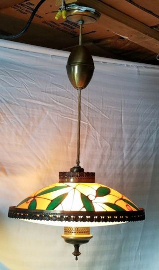 Vintage Ufo Saucer Space Age Pull Down Ceiling Light Lamp Fixture Stained Glass