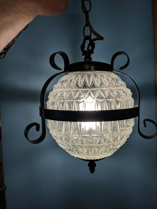 Vintage Black Wrought Iron Pressed Glass Retro Hanging Lamp