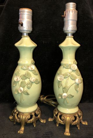 Vintage Green Porcelain Boudoir Table Lamps Brass Footed Applied Flowers