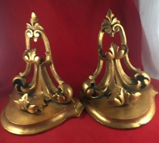 Vintage Italian Gold Gilt Wood Floral Sconces Or Bookends Floral 7 1/4” Tall