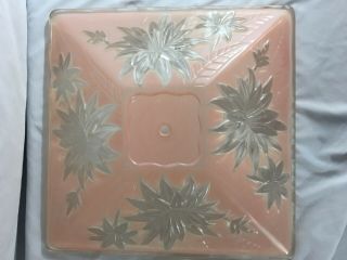 Vintage Art Deco Square Frosted Pink Leaded Glass Ceiling Light Shade 14 In