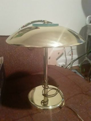 Vintage Brass & Glass Round Flying Saucer Table Desk Lamp 14 Unusual Shape Cool