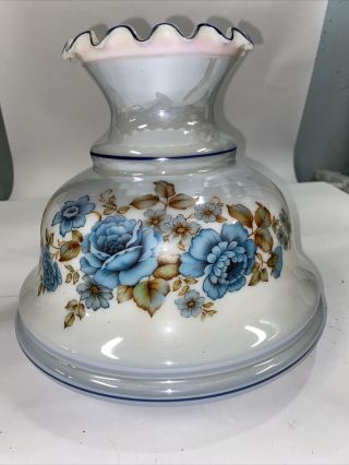 Milk Glass Hurricane Lamp Shade Blue & Brown Flower Theme 6 3/4 " Fitter
