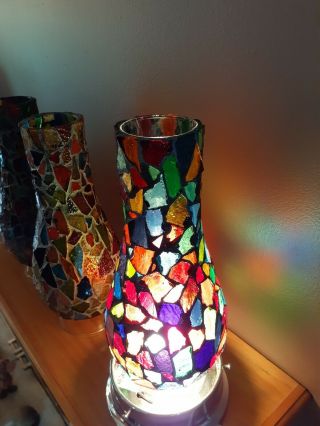 Vtg Unique Retro Mosaic Lamp/light Multicolor Stained Glass Chimney,  3 " Fitter