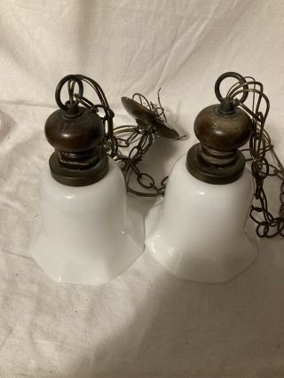 Vintage Kichler Schoolhouse Milk Glass Double Pendant Ceiling Swag Light Lamp