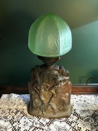 Vintage Spelter Table Lamp Rumba Dancers With Shade Possibly Uranium Look