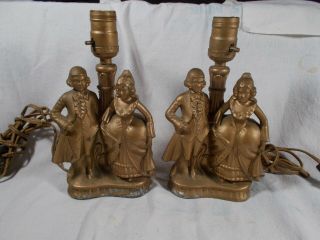 Vtg Pair Cast Spelter Victorian Figural Man & Lady Electric Boudoir Table Lamps